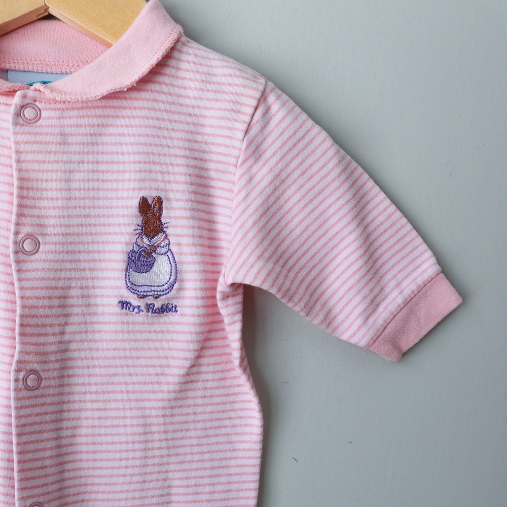 Vintage Y2K Peter Rabbit Pink Striped Snap Button Footed Pajama